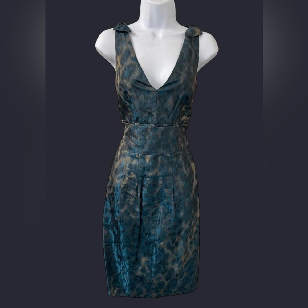 Chetta B Teal and Olive Leopard Print Sheath Dress
